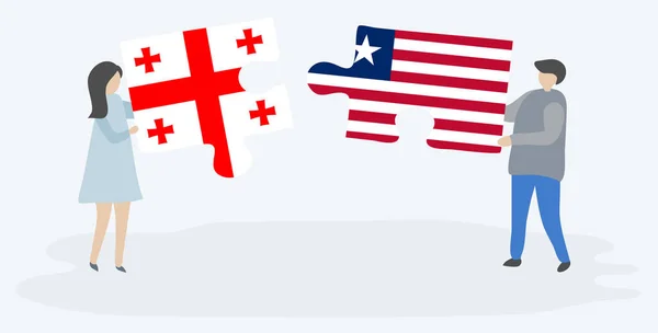Dvojice Drží Dvě Skládanky Gruzínskými Liberijskými Vlajkami Národní Symboly Gruzie — Stockový vektor