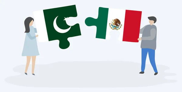 Pareja Sosteniendo Dos Piezas Rompecabezas Con Banderas Paquistaníes Mexicanas Pakistán — Vector de stock