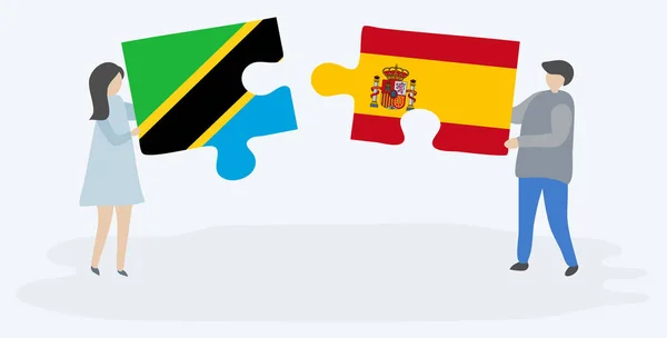 Tanzanya Spanyol Bayrakları Ile Iki Bulmaca Parçaları Tutan Çift Tanzanya — Stok Vektör