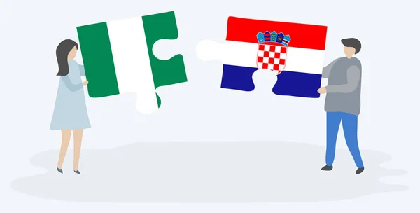 Couple Holding Two Puzzles Pieces Nigerian Croatian Flags Nigeria Croatia — Stock Vector