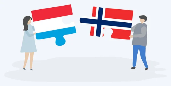 Ζευγάρι Που Κατέχει Δύο Κομμάτια Παζλ Λουξεμβουργιανή Και Νορβηγική Σημαίες — Διανυσματικό Αρχείο