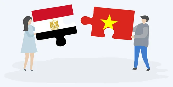 Casal Segurando Duas Peças Quebra Cabeças Com Bandeiras Egípcias Vietnamitas —  Vetores de Stock