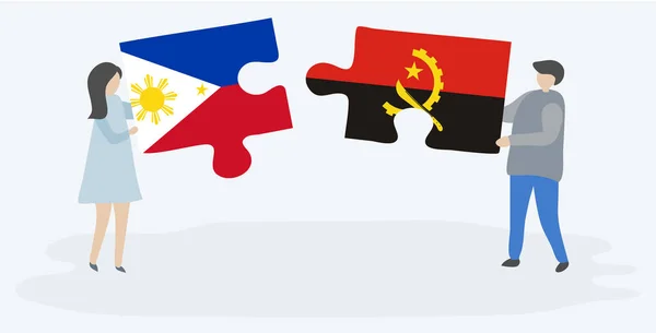 Couple Tenant Deux Pièces Puzzles Avec Des Drapeaux Philippins Angolais — Image vectorielle