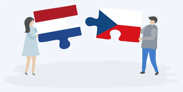 Couple Holding Two Puzzles Pieces Dutch Czech Flags Netherlands Czech — Stock Vector
