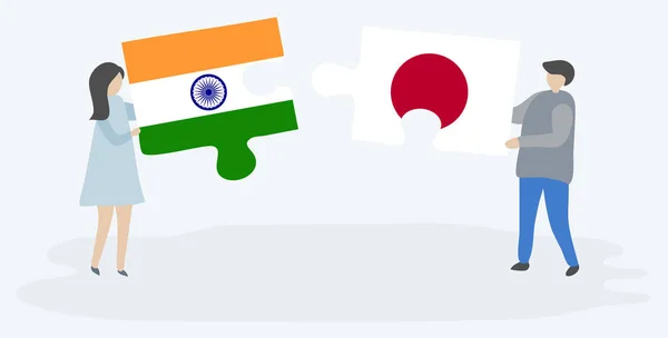 インドと日本の国旗を持つ2つのパズルピースを持つカップル インドと日本のシンボルが一緒に — ストックベクタ