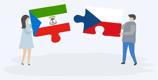 Par Som Innehar Två Pusselbitar Med Ekvatorialguinean Och Tjeckiska Flaggor — Stock vektor