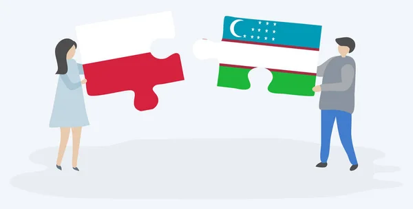 ポーランドとウズベキスタンの旗を持つ2つのパズルピースを保持しているカップル ポーランドとウズベキスタンのシンボル — ストックベクタ