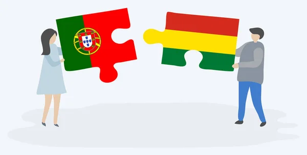 Paar Mit Zwei Puzzleteilen Mit Portugiesischen Und Bolivianischen Flaggen Portugiesische — Stockvektor