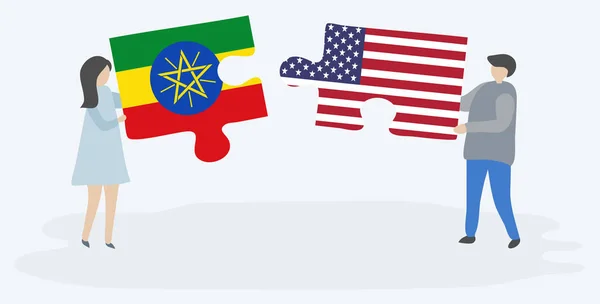Coppia Con Due Pezzi Puzzle Con Bandiere Etiopiche Americane Etiopia — Vettoriale Stock