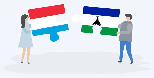 Casal Segurando Duas Peças Quebra Cabeças Com Bandeiras Luxemburguesas Basotho —  Vetores de Stock
