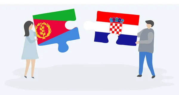 Ζευγάρι Που Κρατά Δύο Κομμάτια Παζλ Σημαίες Ερυθραίας Και Κροατικές — Διανυσματικό Αρχείο