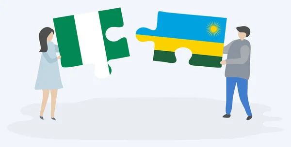 Paar Houden Twee Puzzels Stukken Met Nigeriaanse Rwankaanse Vlaggen Nigeria — Stockvector