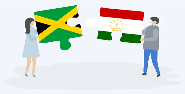 Couple Tenant Deux Pièces Puzzles Avec Des Drapeaux Jamaïcains Tadjiks — Image vectorielle