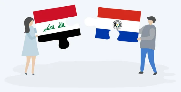 Couple Tenant Deux Pièces Puzzles Avec Des Drapeaux Irakiens Paraguayens — Image vectorielle