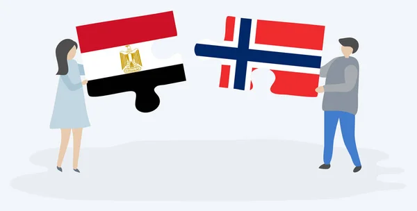 Ζευγάρι Που Κρατά Δύο Κομμάτια Παζλ Αιγυπτιακές Και Νορβηγικές Σημαίες — Διανυσματικό Αρχείο