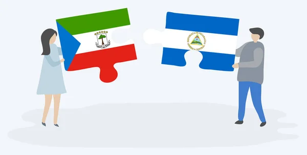 Para Trzyma Dwa Kawałki Puzzli Równikowej Gwinei Nikaraguan Flagi Gwinea — Wektor stockowy