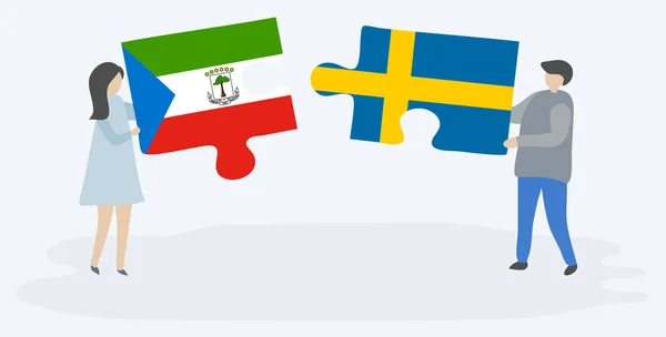 Pareja Sosteniendo Dos Piezas Rompecabezas Con Banderas Guinea Ecuatorial Suecia — Vector de stock