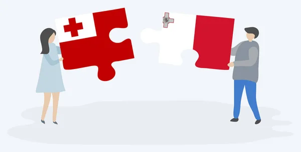 Pár Holding Két Puzzle Darab Tongan Máltai Zászlók Tonga Málta — Stock Vector