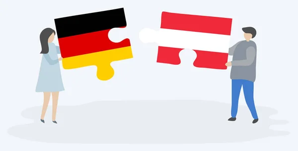 Ζευγάρι Που Κρατά Δύο Κομμάτια Παζλ Γερμανικές Και Αυστριακές Σημαίες — Διανυσματικό Αρχείο