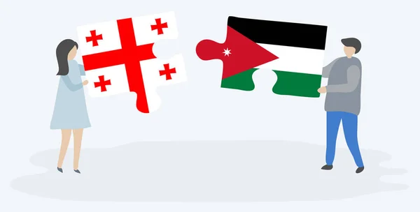 グルジアとヨルダンの旗を持つ2つのパズルピースを保持しているカップル グルジアとヨルダンの国のシンボル — ストックベクタ