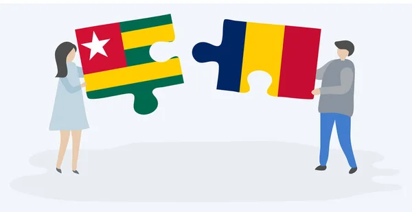Pareja Sosteniendo Dos Piezas Rompecabezas Con Banderas Togolesas Chadianas Togo — Vector de stock