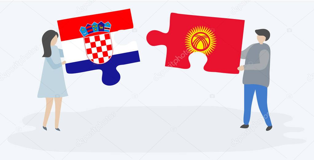 Couple holding two puzzles pieces with Croatian and Kirgiz flags. Croatia and Kyrgyzstan national symbols together.