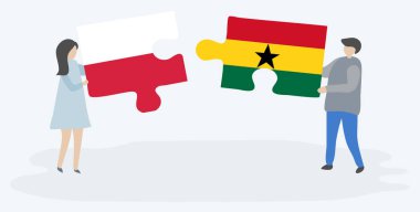 Polonya ve Gana bayrakları ile iki bulmaca parçaları tutan çift. Polonya ve Gana ulusal sembolleri birlikte.