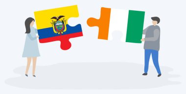 Ekvador ve Fildişi bayrakları ile iki bulmaca parçaları tutan çift. Ekvador ve Fildişi Sahili ulusal sembolleri birlikte.