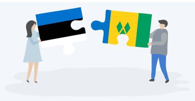 Estonya ve Vincent bayrakları ile iki bulmaca parçaları tutan çift. Estonya ve Saint Vincent ve Grenadinler ulusal sembolleri birlikte.