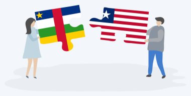 Orta Afrika ve Liberya bayrakları ile iki bulmaca parçaları tutan çift. Orta Afrika Cumhuriyeti ve Liberya ulusal sembolleri birlikte.