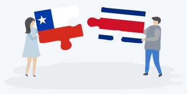 Şili ve Kosta Rika bayrakları ile iki bulmaca parçaları tutan çift. Şili ve Kosta Rika ulusal sembolleri birlikte.