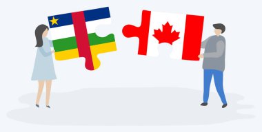 Orta Afrika ve Kanada bayrakları ile iki bulmaca parçaları tutan çift. Orta Afrika Cumhuriyeti ve Kanada ulusal sembolleri birlikte.