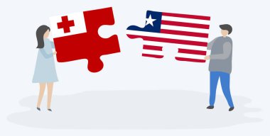 Çift Tongan ve Liberya bayrakları ile iki bulmaca parçaları tutan. Tonga ve Liberya ulusal sembolleri birlikte.