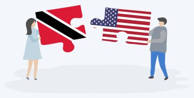 Trinidadian ve Amerikan bayrakları ile iki bulmaca parçaları tutan çift. Trinidad ve Tobago ve Amerika Birleşik Devletleri ulusal semboller birlikte.