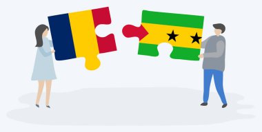 Chadian ve Sao Tomean bayrakları ile iki bulmaca parçaları tutan çift. Çad ve Sao Tome ve Principe ulusal sembolleri birlikte.