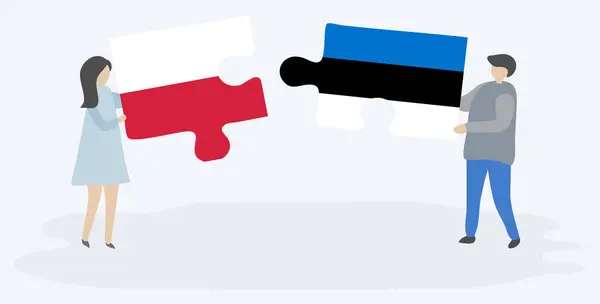 Pareja Sosteniendo Dos Piezas Rompecabezas Con Banderas Polonia Estonia Polonia — Vector de stock