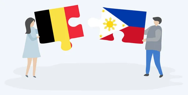Пара Держащая Две Головоломки Бельгийскими Филиппинскими Флагами Государственные Символы Бельгии — стоковый вектор