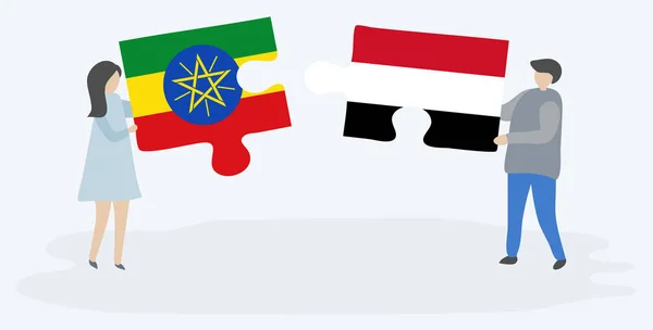 Пара Держащая Две Головоломки Эфиопским Йеменским Флагами Государственные Символы Эфиопии — стоковый вектор