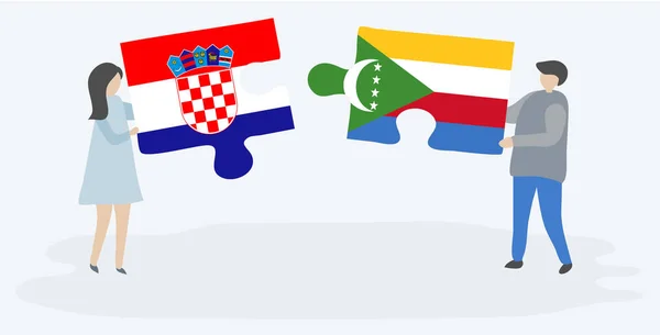 Pareja Sosteniendo Dos Piezas Rompecabezas Con Banderas Croatas Comoranas Croacia — Vector de stock