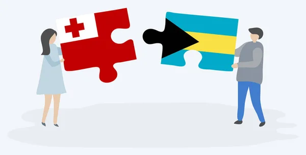 Paar Houden Twee Puzzels Stukken Met Tongaanse Bahamiaanse Vlaggen Tonga — Stockvector