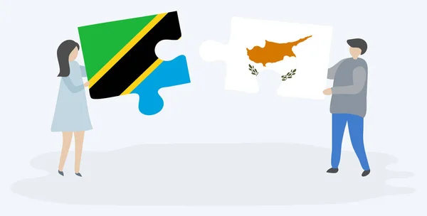一对夫妇拿着两块拼图 上面挂着坦桑尼亚和塞浦路斯国旗 坦桑尼亚和塞浦路斯国家符号在一起 — 图库矢量图片