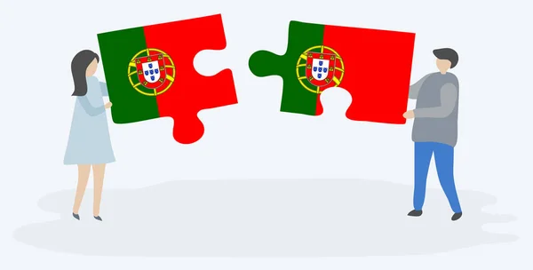 Casal Com Duas Peças Puzzles Com Bandeiras Portuguesas Portuguesas Portugal — Vetor de Stock