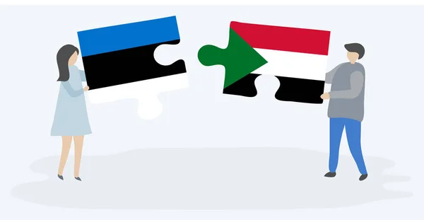 Casal Segurando Duas Peças Quebra Cabeças Com Bandeiras Estonianas Sudanesas — Vetor de Stock