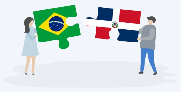 Paar Houden Twee Puzzels Stukken Met Braziliaanse Dominicaanse Vlaggen Brazilië — Stockvector
