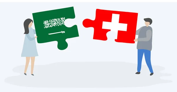 Paar Mit Zwei Puzzleteilen Mit Saudi Arabischer Und Schweizerischer Flagge — Stockvektor