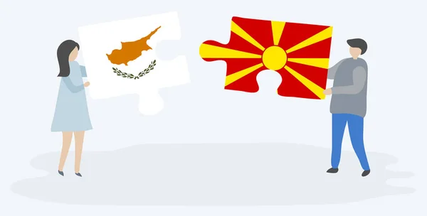 Couple Tenant Deux Pièces Puzzles Avec Drapeaux Chypriote Macédonien Chypre — Image vectorielle