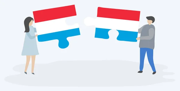 Paar Houden Twee Puzzels Stukken Met Luxemburgse Luxemburgse Vlaggen Luxemburgse — Stockvector