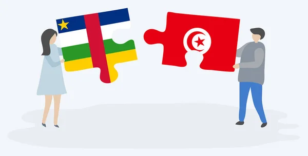 Dvojice Drží Dvě Skládanky Středoafrickými Tuniskskými Vlajkami Národní Symboly Středoafrické — Stockový vektor