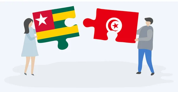 Пара Держащая Две Головоломки Тоголезским Тунисским Флагами Национальные Символы Туниса — стоковый вектор