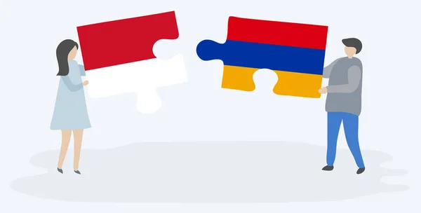Casal Segurando Dois Quebra Cabeças Peças Com Bandeiras Indonésias Armênias —  Vetores de Stock